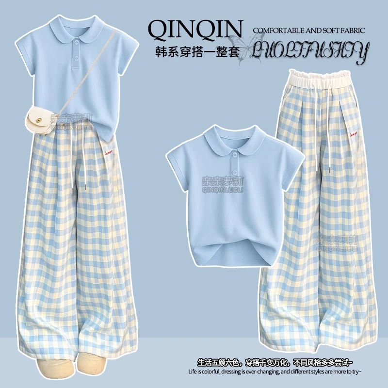 儿童夏季阔腿衣服格子裤套装青少年学院洋气T恤蓝色休闲两件套