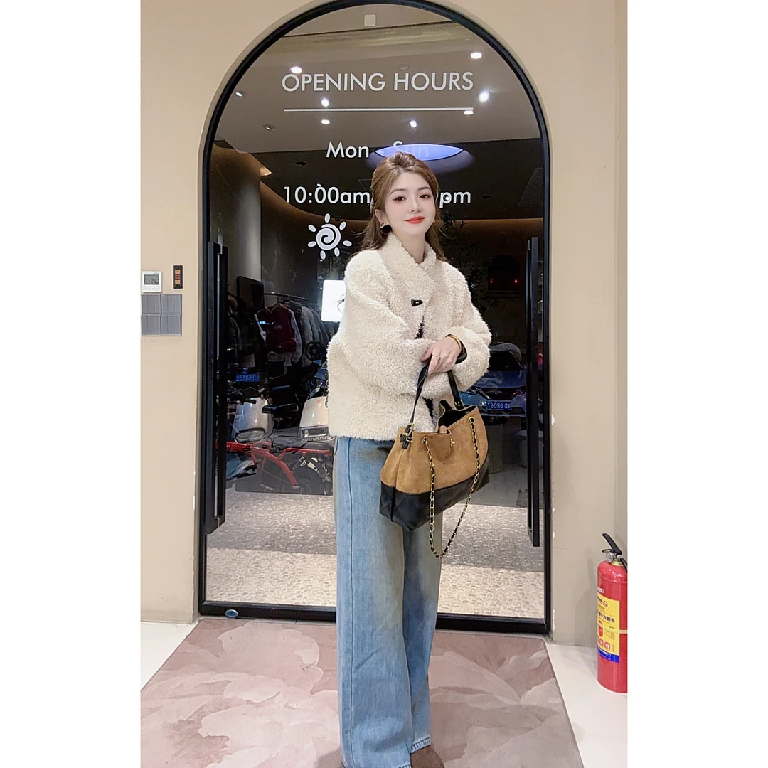 涵涵家 韩版立领牛角扣宽松毛毛外套