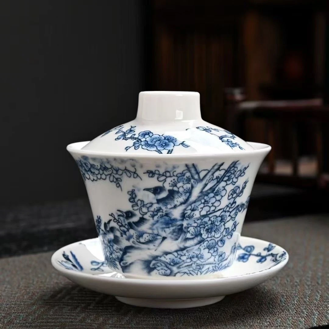 新式蓝喜鹊三才盖碗陶瓷家用茶杯