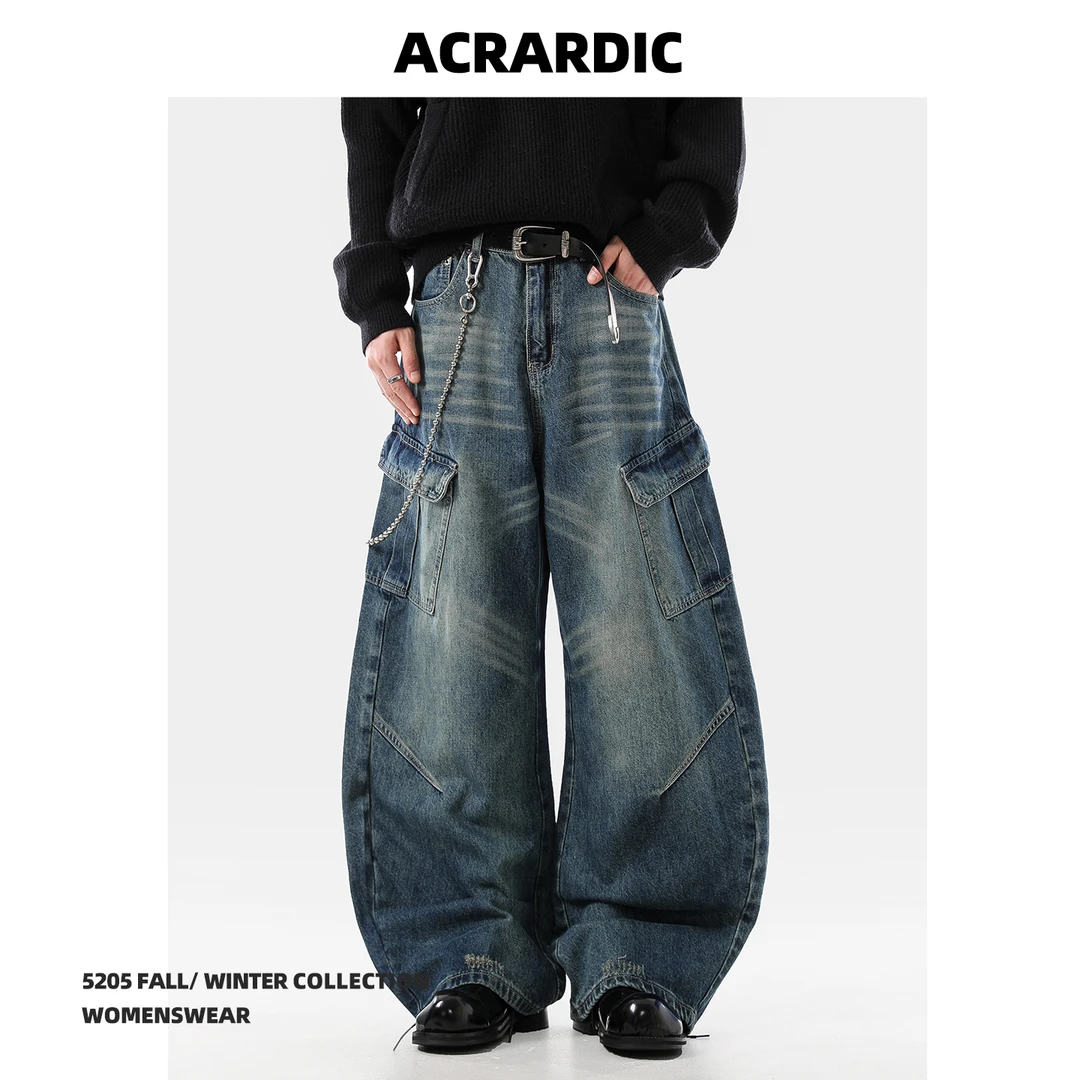 ACRARDIC高街多口袋压褶蓝色弯刀牛仔裤男复古痞帅vibe阔腿工装裤