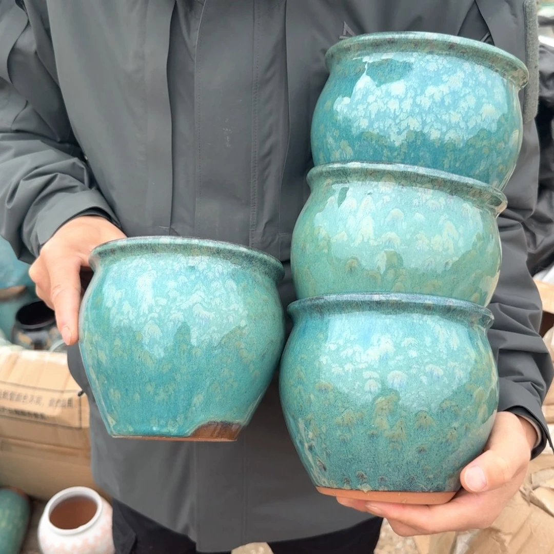 紫砂花盆口15高14；四个雪花绿