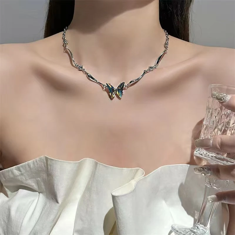钛钢锆石项链 钛钢项链渐变蝴蝶不规则项链女y2k辣妹设计感锁骨链