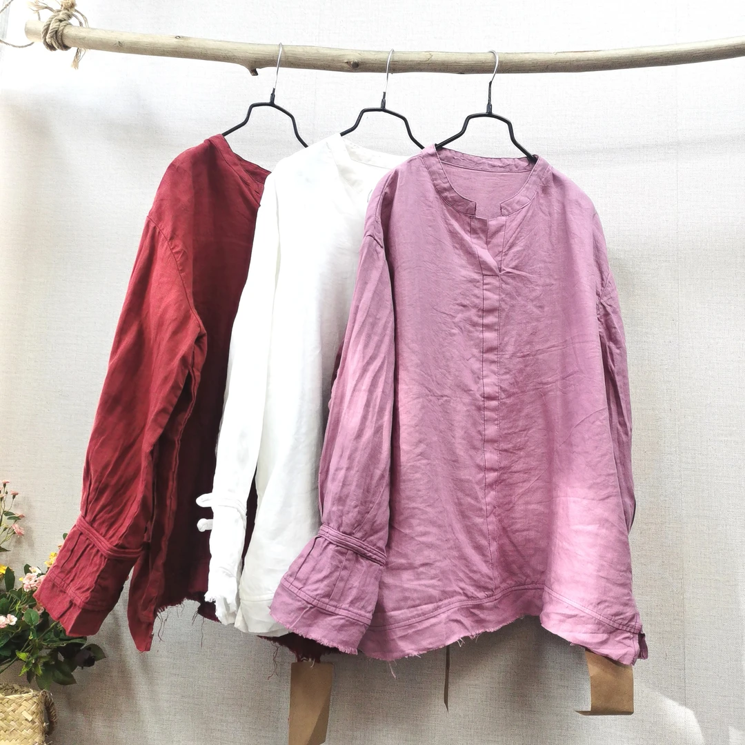 儒品素衣8121亚麻v领袖系扣衬衫