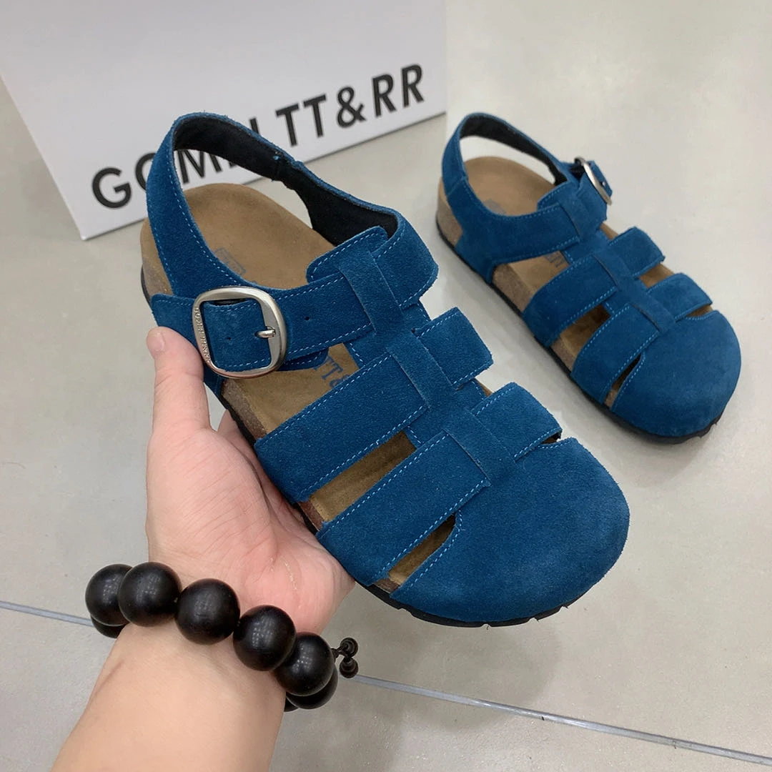 格格媚D28-57韩版复古百搭牛反绒皮厚度3公分圆头彩色重工凉鞋