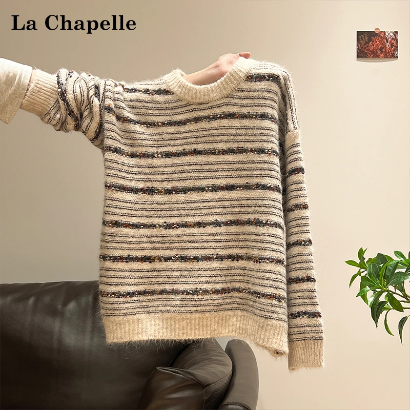 拉夏贝尔美拉德甜美风加厚针织长袖毛衣女秋冬条纹设计感软糯上衣