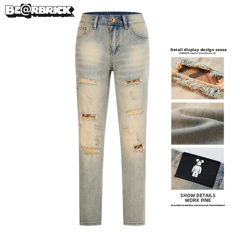 Be@rbrick积木熊【明星同款】假破洞牛仔裤修身男士夏季薄款潮流装