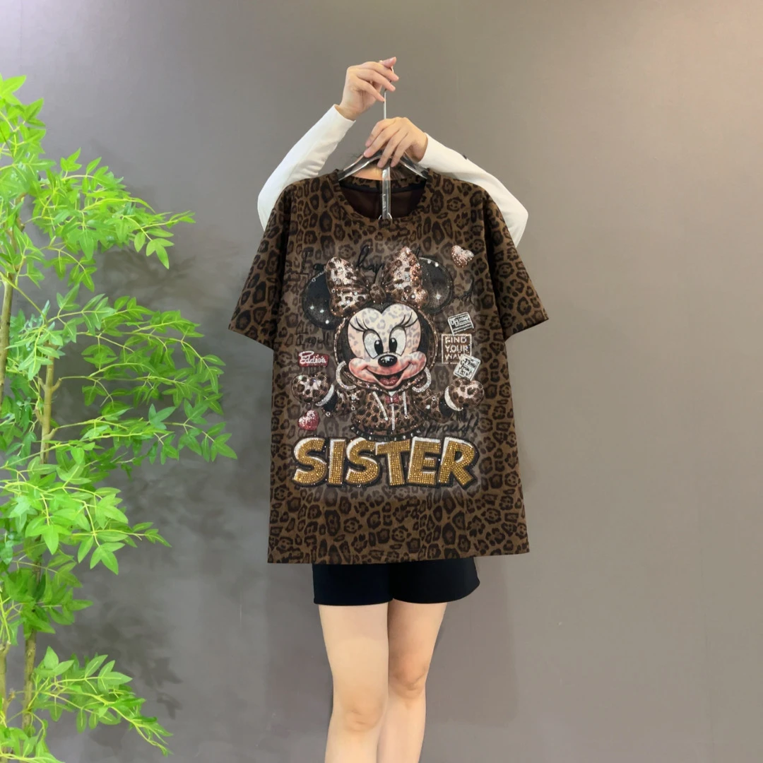 8839欧货秋冬新款时尚休闲复古豹纹卡通烫钻短袖大码T恤宽松显瘦