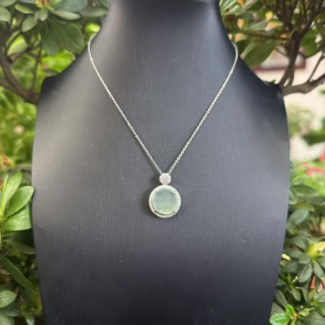 天空蓝冰种翡翠圆无事牌吊坠雪花棉百搭气质坠链  ZL0055