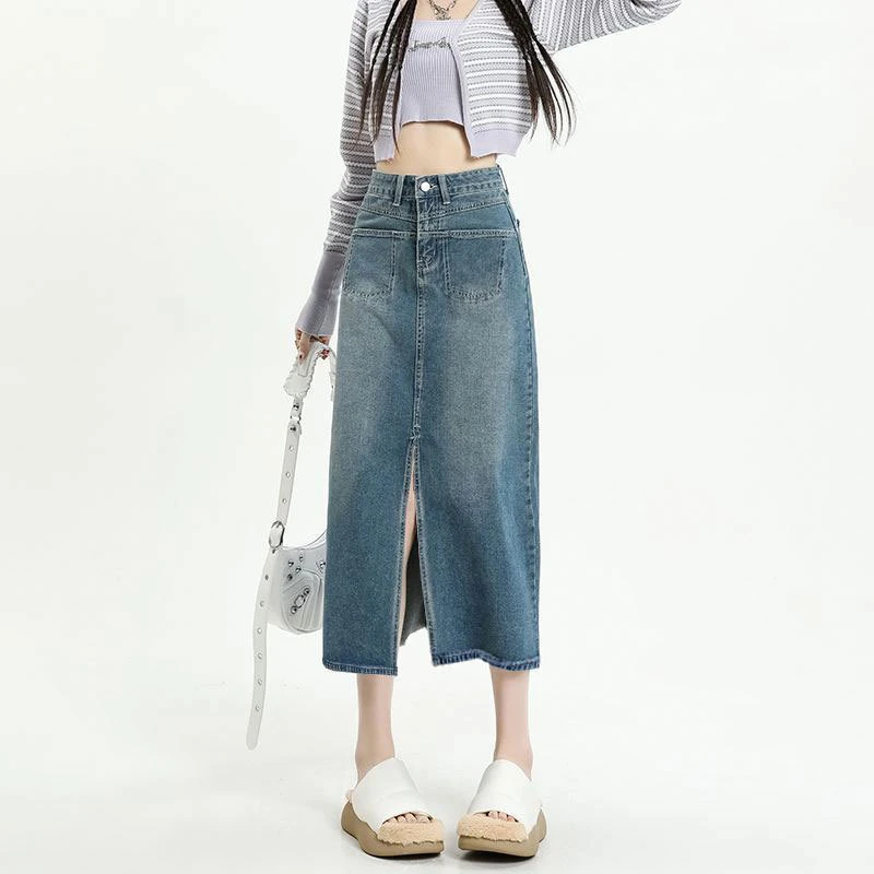 牛仔裙女宽松口袋设计开叉高腰a字包臀裙ins风中长遮胯半身复古裙