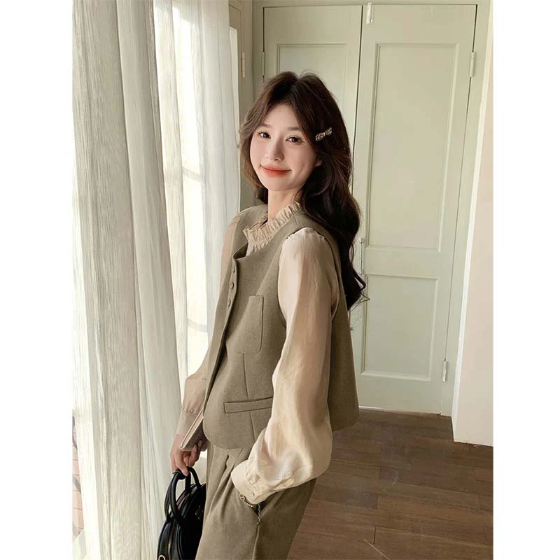 【三件套】【有里布】高级感显瘦气质打底衫休闲直筒长裤套装QJ0016