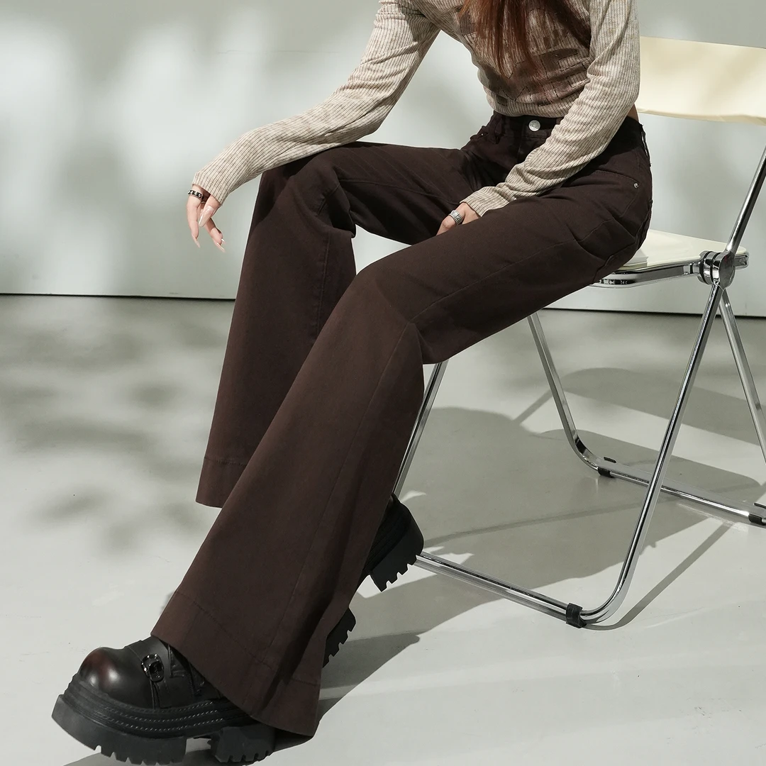 岚霜美拉德咖色加绒微喇牛仔裤女款2025爆款高腰小个子喇叭裤子潮