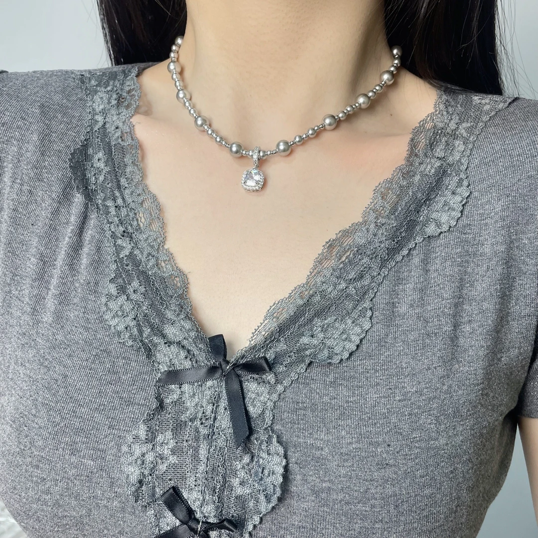 非金属仿珍珠项链 时尚日韩手工锆石珠银色颈链戒指2403设计感女