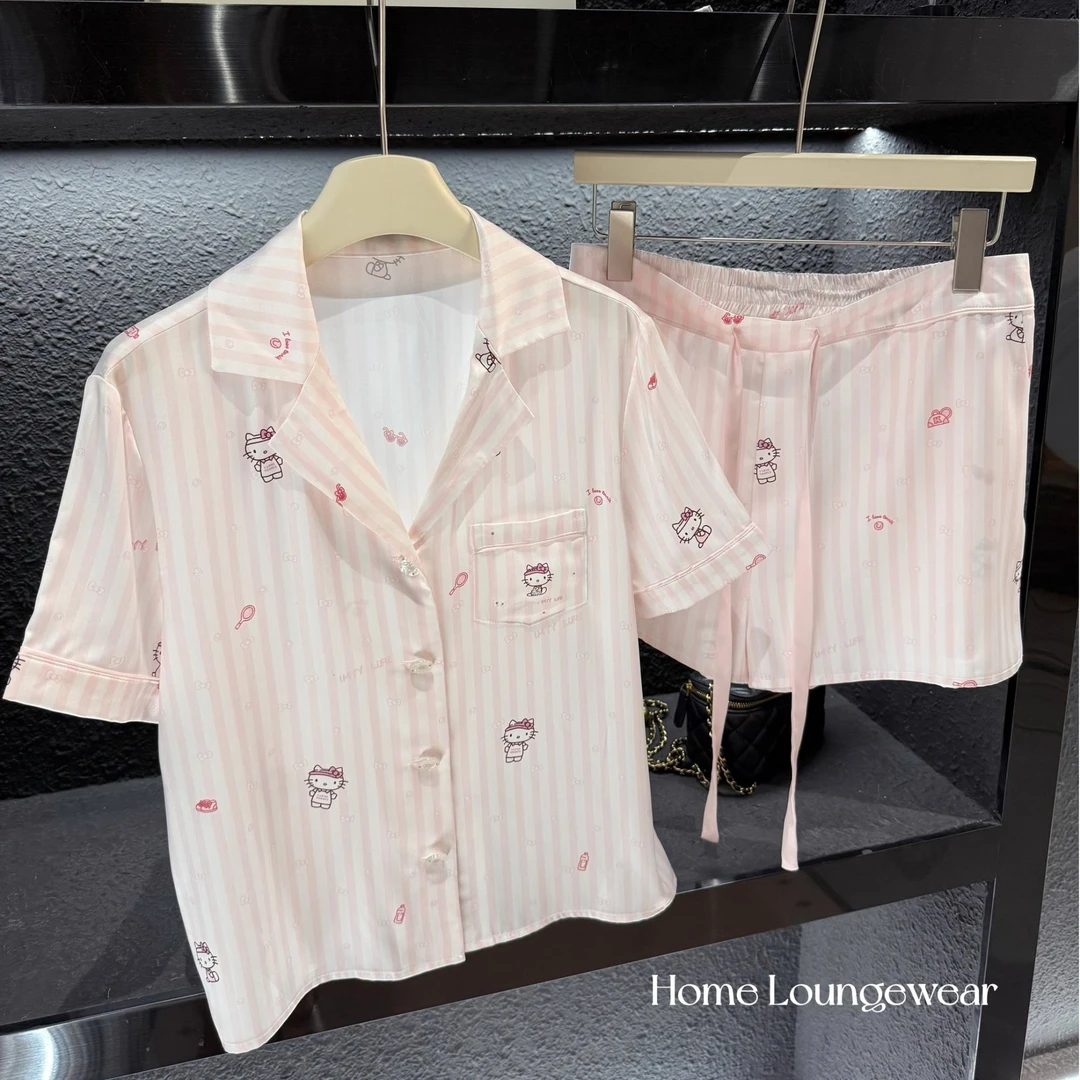 【粉嫩清新KT】夏季新款可爱小清新凯蒂猫短袖冰丝睡衣可外穿家居