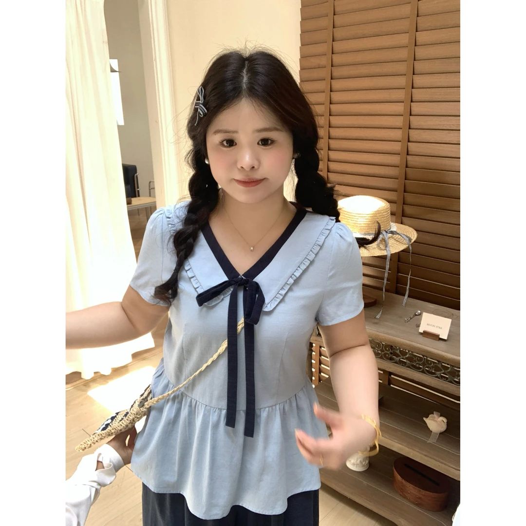 【雾海藏风】大头婷丫丫微胖定制夏季衬衫撞色娃娃领短袖上衣