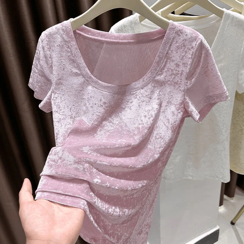 2025夏季新款白色U领短款网纱T恤女小个子正肩纯欲风辣妹短袖上衣