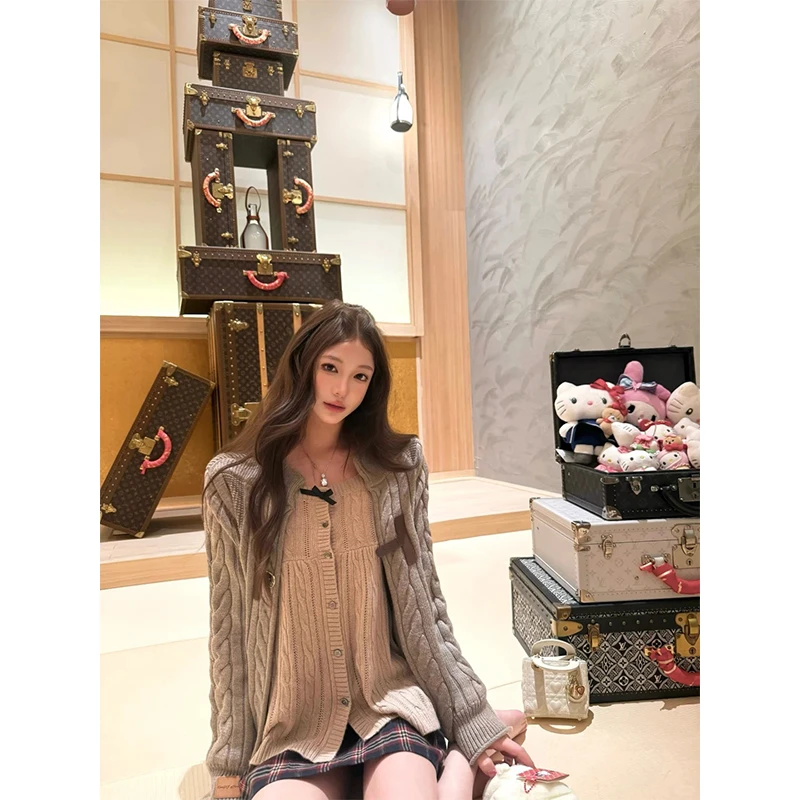 秋冬法式蝴蝶结长袖针织开衫上衣女披肩外套女短款半身裙时尚套装