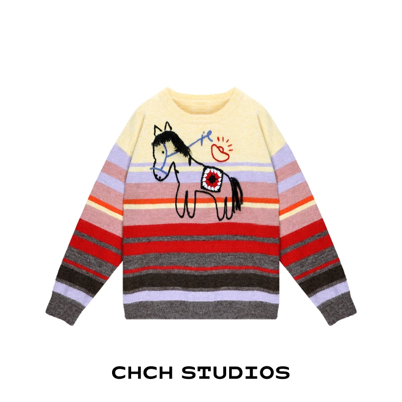 RAZZ113802时尚撞色彩虹条纹毛针织衫2025年冬小马刺绣圆领毛衣女