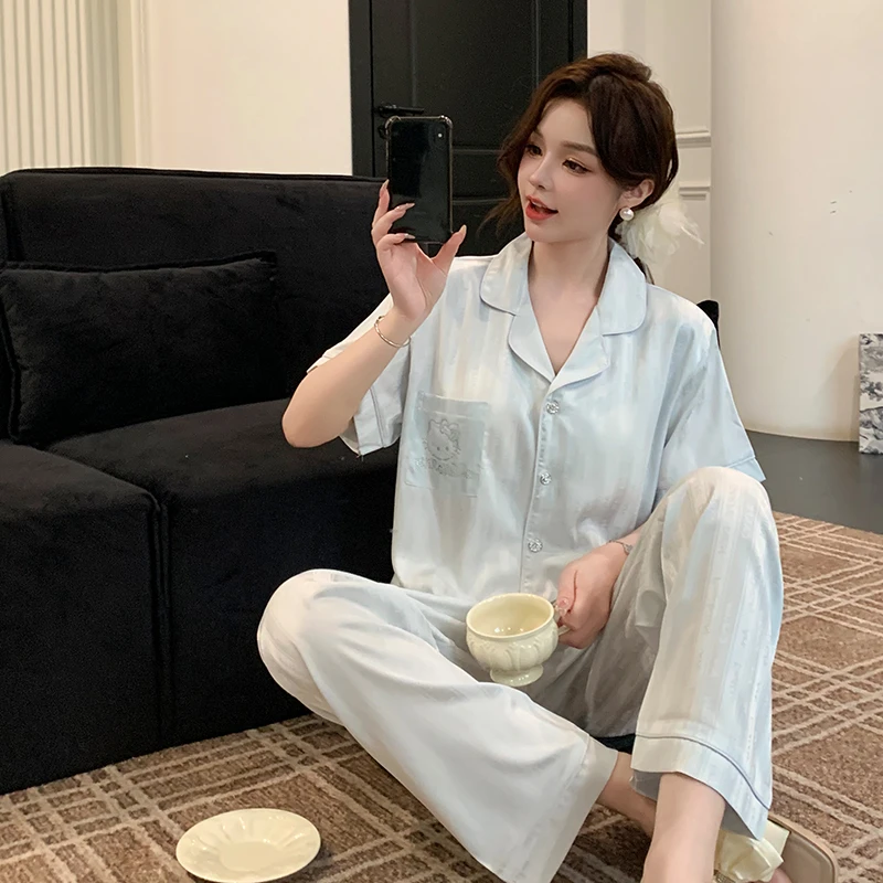 睡衣女短袖三件套家居服