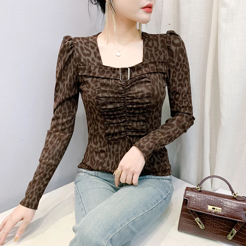 春季2025新款方领泡泡袖褶皱设计感长袖T恤女网纱豹纹打底衫上衣