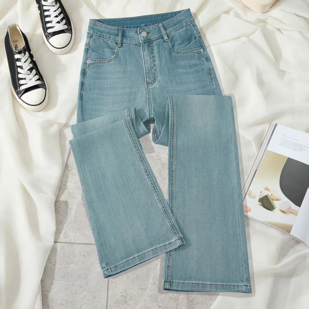 FDN服饰夏季新款薄荷绿莱赛尔四面弹显瘦高腰时尚百搭微喇裤