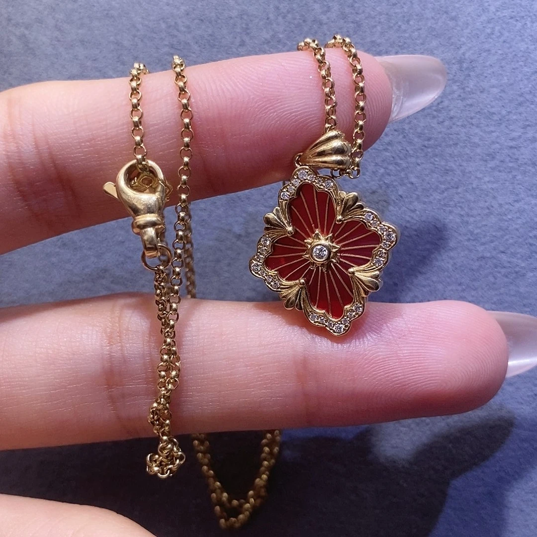 颈饰钻石18K金镶嵌歌剧院红色珐琅双面钻中号