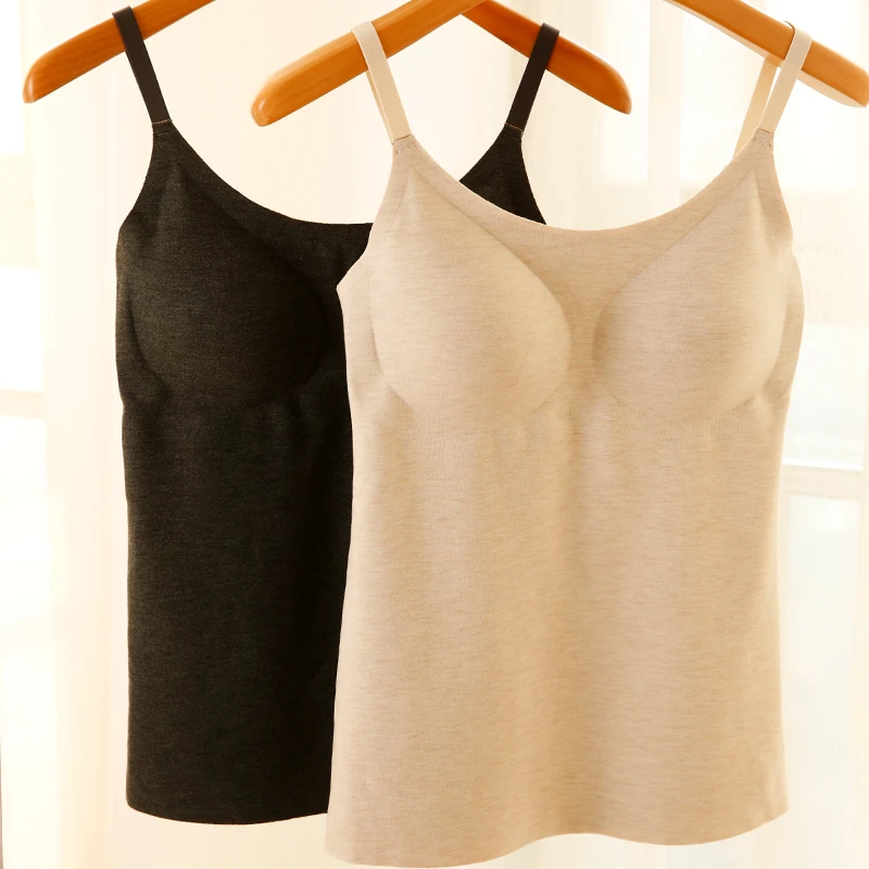 带胸垫无痕德绒吊带背心女蚕丝羊毛保暖内衣内穿肩带可调打底上衣