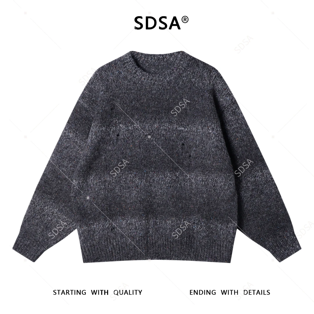 SDSA男士秋冬新款痞帅男装简约渐变条纹勾破圆领毛衣休闲百搭上衣