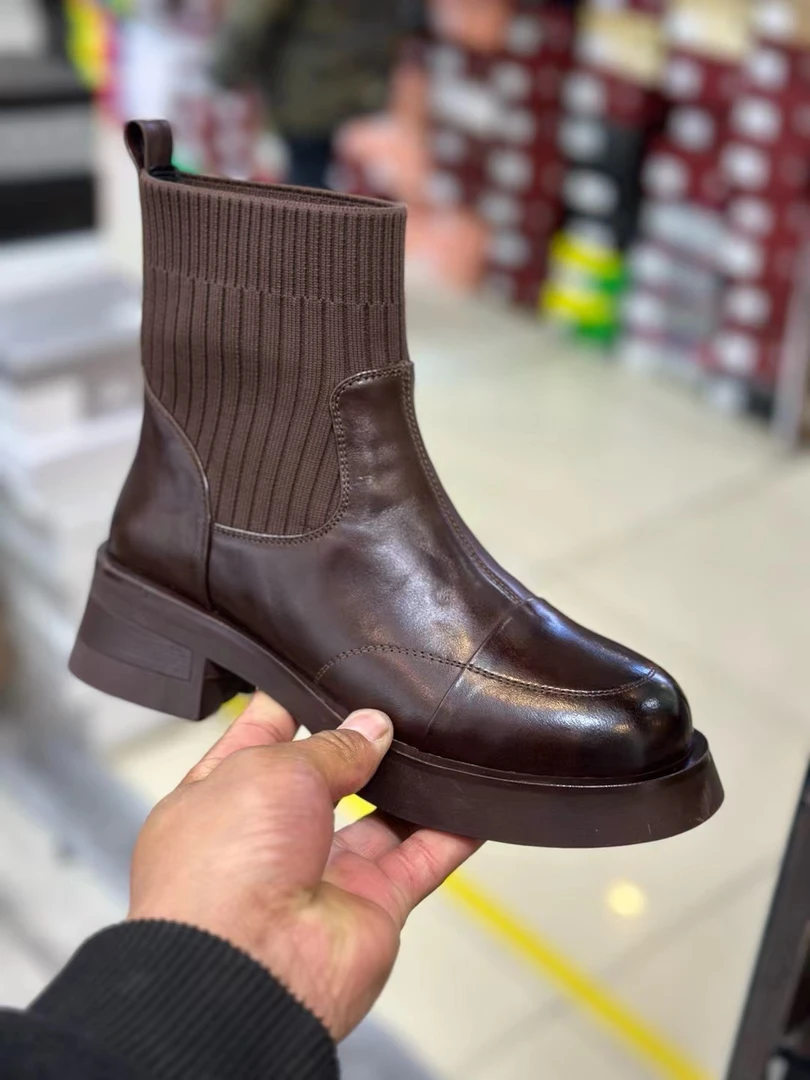 圆头真皮手工防水短靴靴子袜靴瘦瘦靴棕色休闲弹力靴