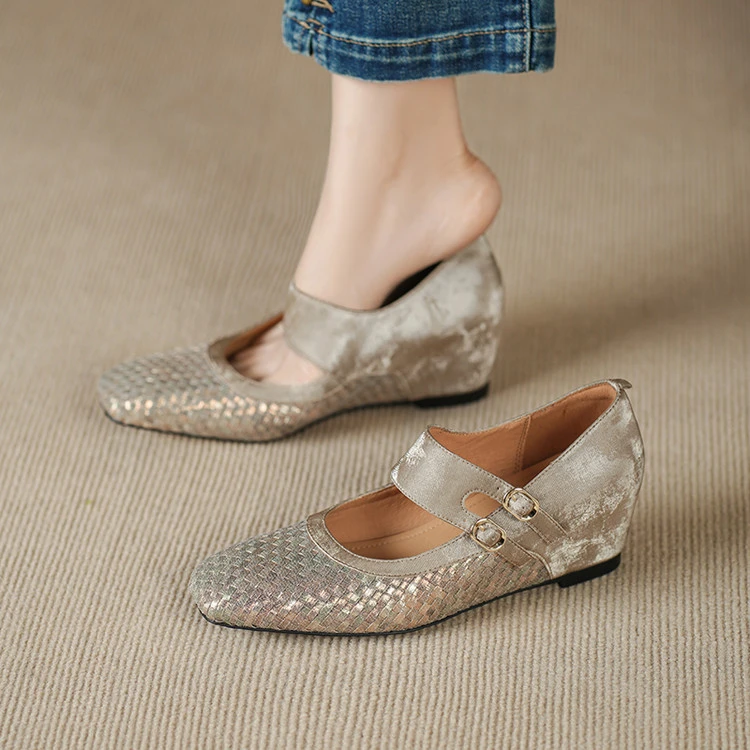 牛皮~5cm编织真皮复古单鞋2025新款方头中跟百搭国风软底舒适女鞋