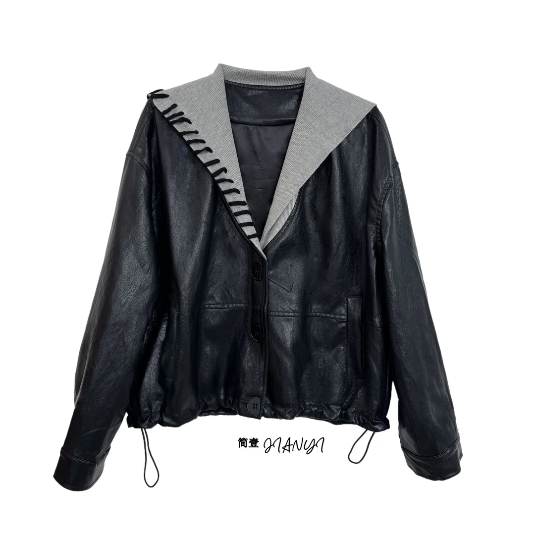 针织编绳翻领PU短款皮外套女2025秋季新款高货定做时尚宽松皮衣