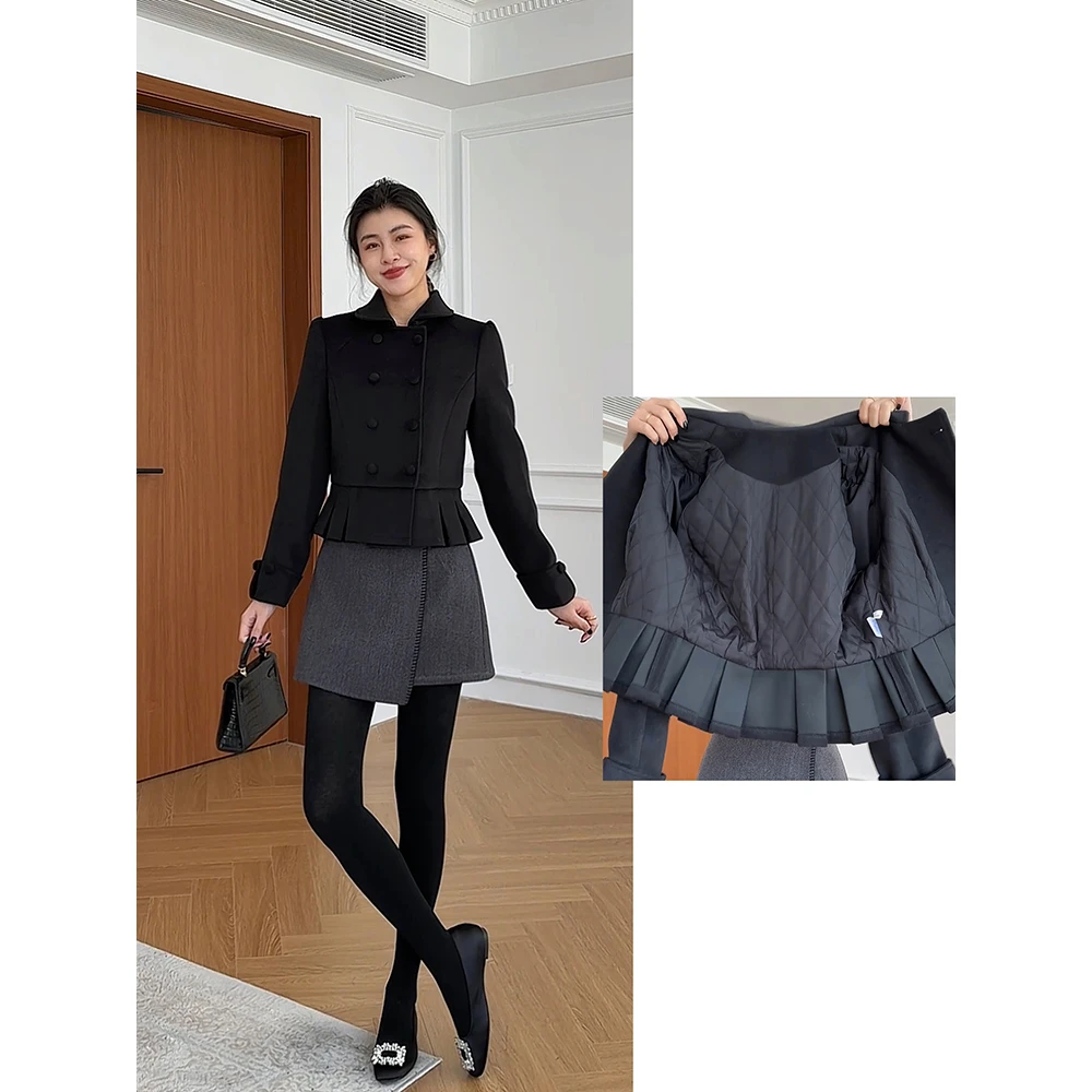 张阿星【厚黑风套装】双排扣加棉毛呢外套+遮肚半裙W425X20783