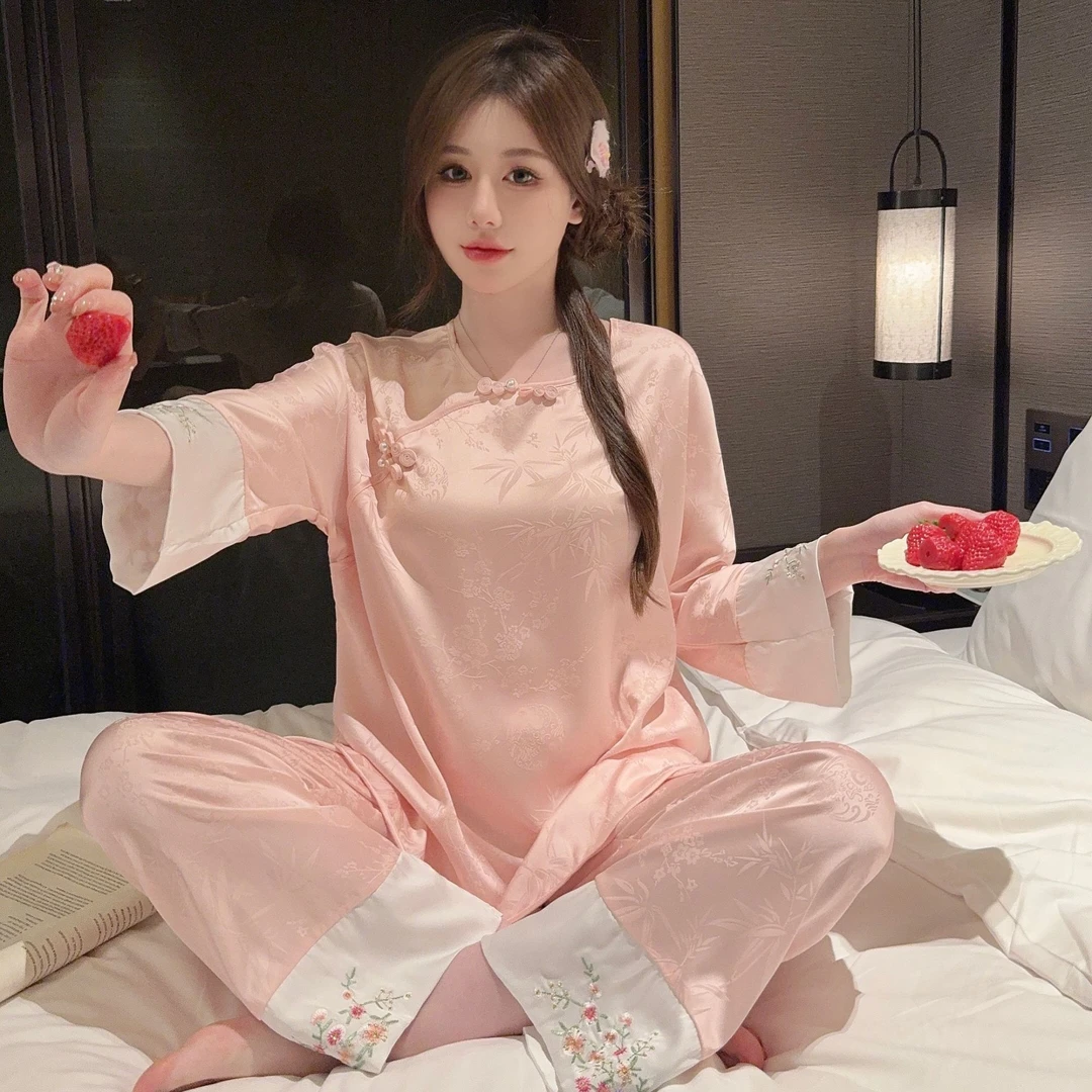 庆同国风春秋冰雪丝长袖睡衣女士甜美可爱可外穿家居服套装薄款