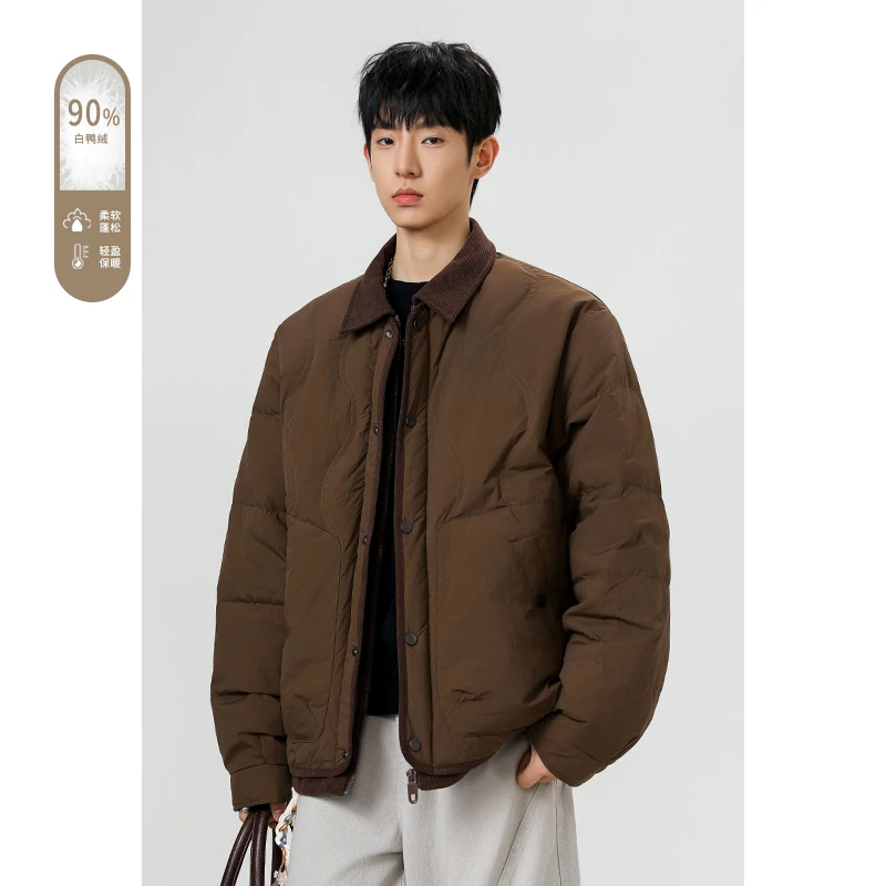 （广质检90白鸭绒）美式羽绒服男高级感冬季翻领防寒服加厚拼接外套