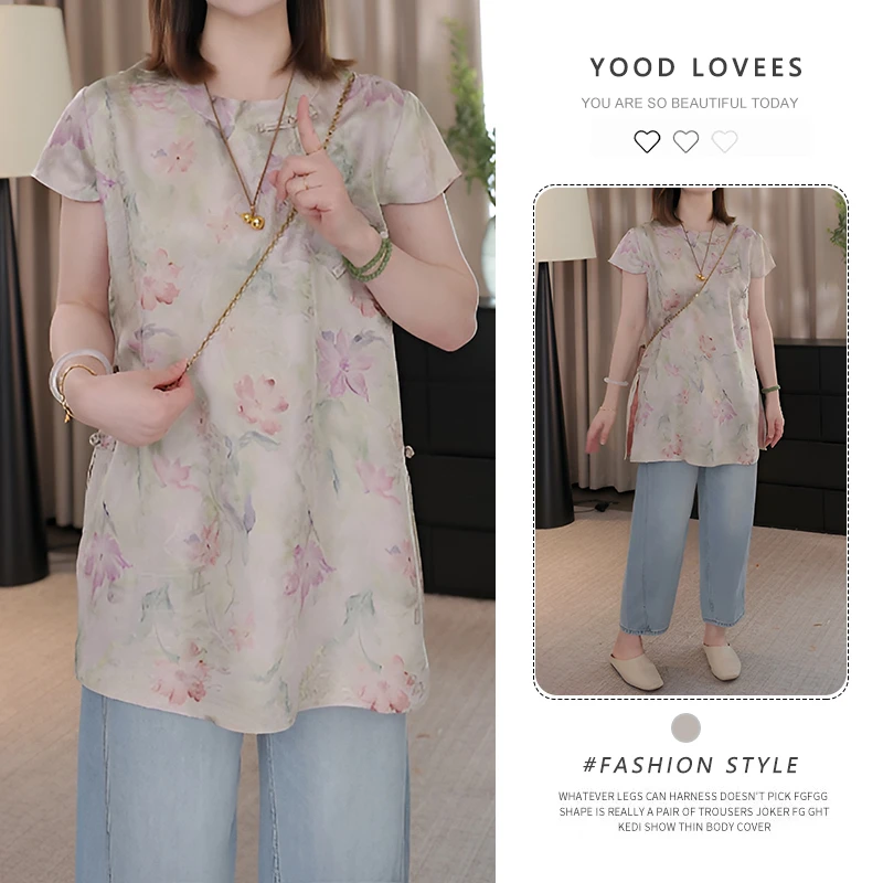 新中式国风女装2025新款气质小衫印花短袖衬衫盘扣圆领别致上衣夏