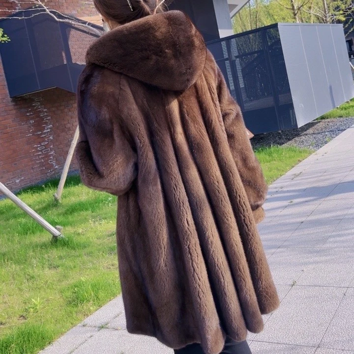 【BroKehagen】进口天鹅绒连帽6浪宽松大码轻奢中长款水貂皮草女