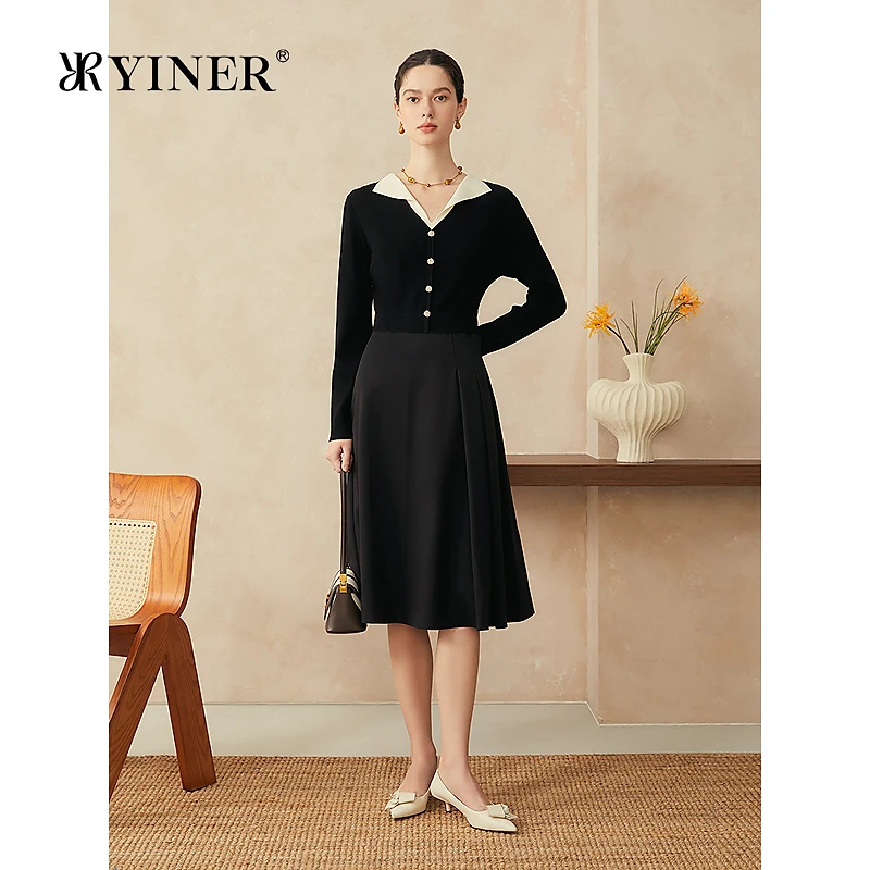 YINER音儿2025春季新款法式优雅撞色翻领假两件收腰小A字连衣裙