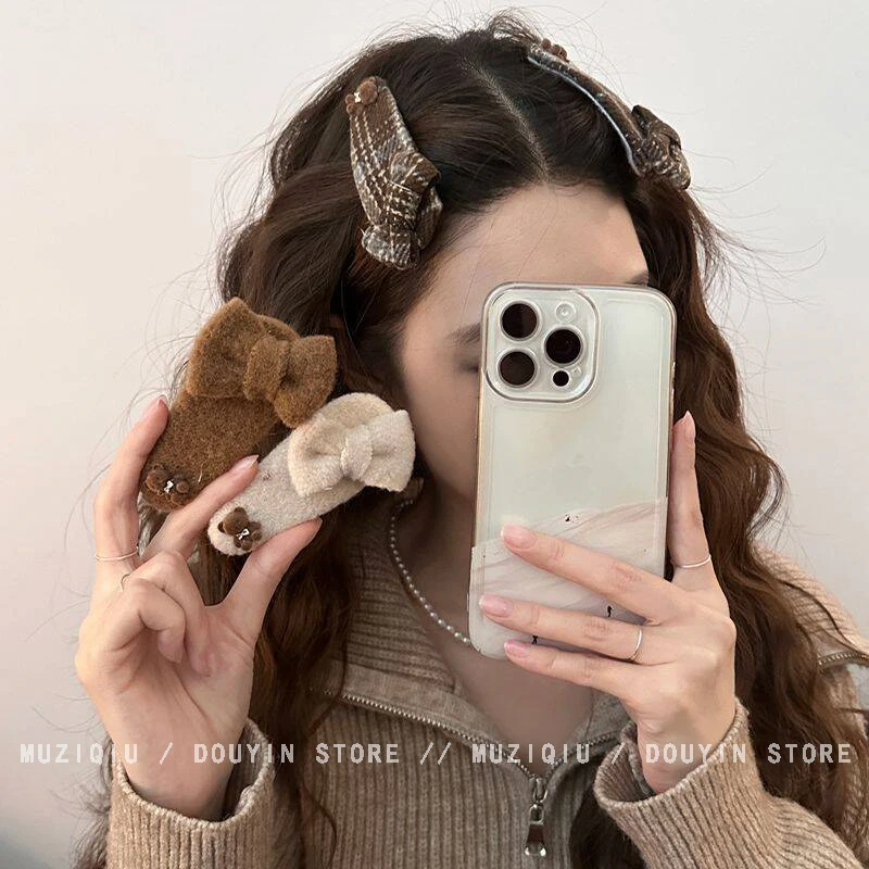 木子秋高级感文艺复古毛呢蝴蝶结小熊刘海bb夹韩版可爱百搭碎发夹