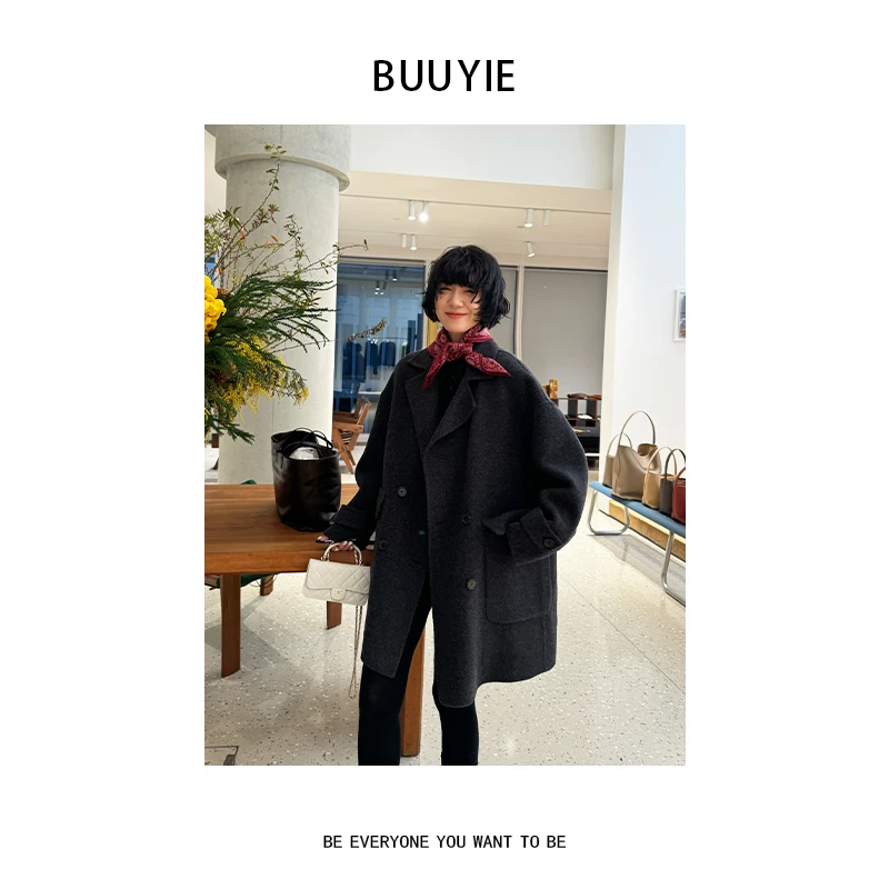 BUUYIE 秋冬新款时尚百搭中长款宽松羊毛毛呢大衣外套 2470446