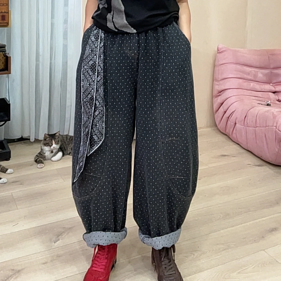 8105波点牛仔弯刀长裤女