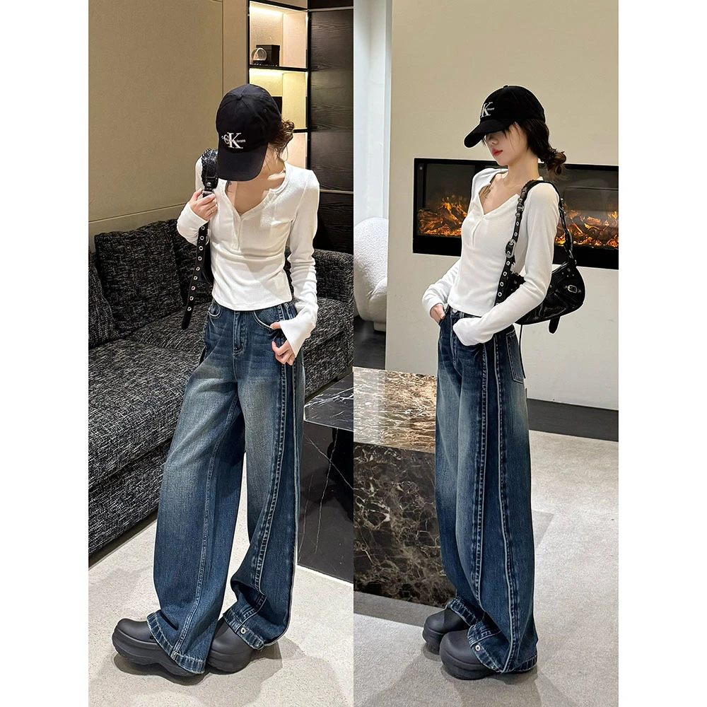 王家有鱼2025年春季新款阔腿弯刀裤小个子显瘦牛仔裤宽松直筒裤子