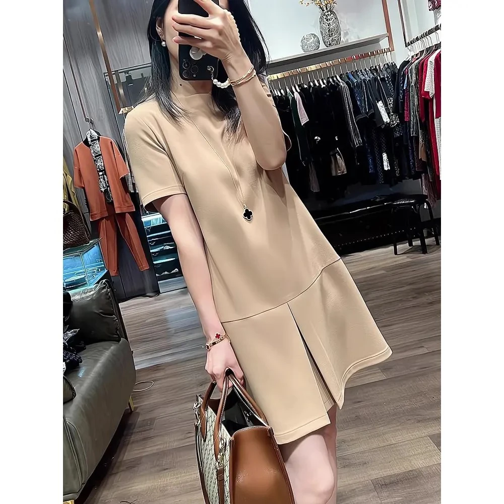 A213优雅连衣裙女夏季梨型身材宽松显瘦圆领纯色设计感直筒裙子潮