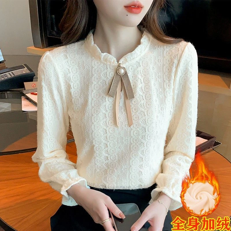 加绒加厚秋冬款衬衫女时尚气质打底衫显瘦遮肚洋气百搭蕾丝上衣