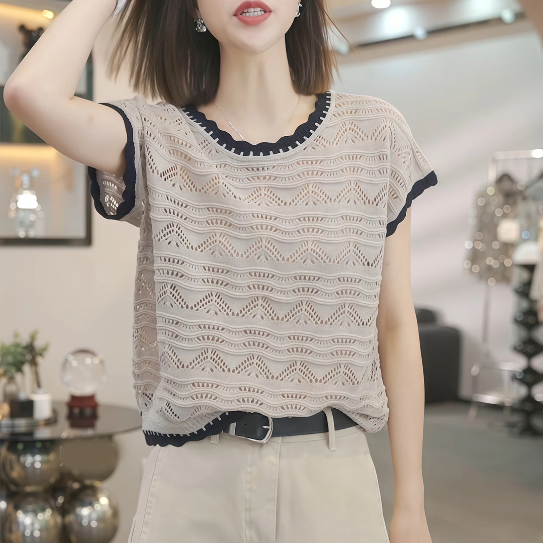 夏季透气镂空针织衫女短袖圆领拼接蕾丝花边时尚洋气小衫宽松上衣