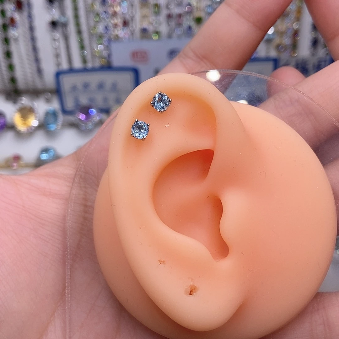 海蓝宝石银S925镶嵌耳钉