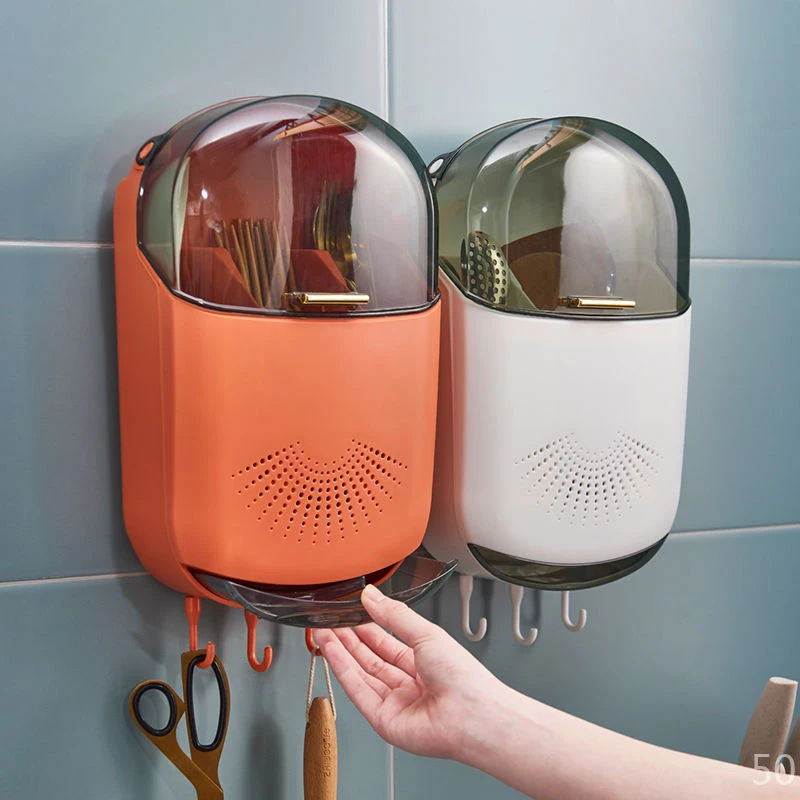 2025新款爆款壁挂沥水收纳盒厨房用具带盖防尘筷笼置物架筷子筒