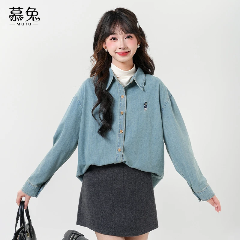 慕兔复古港风长袖牛仔衬衫女2025冬季新款小个子宽松外搭衬衣外套