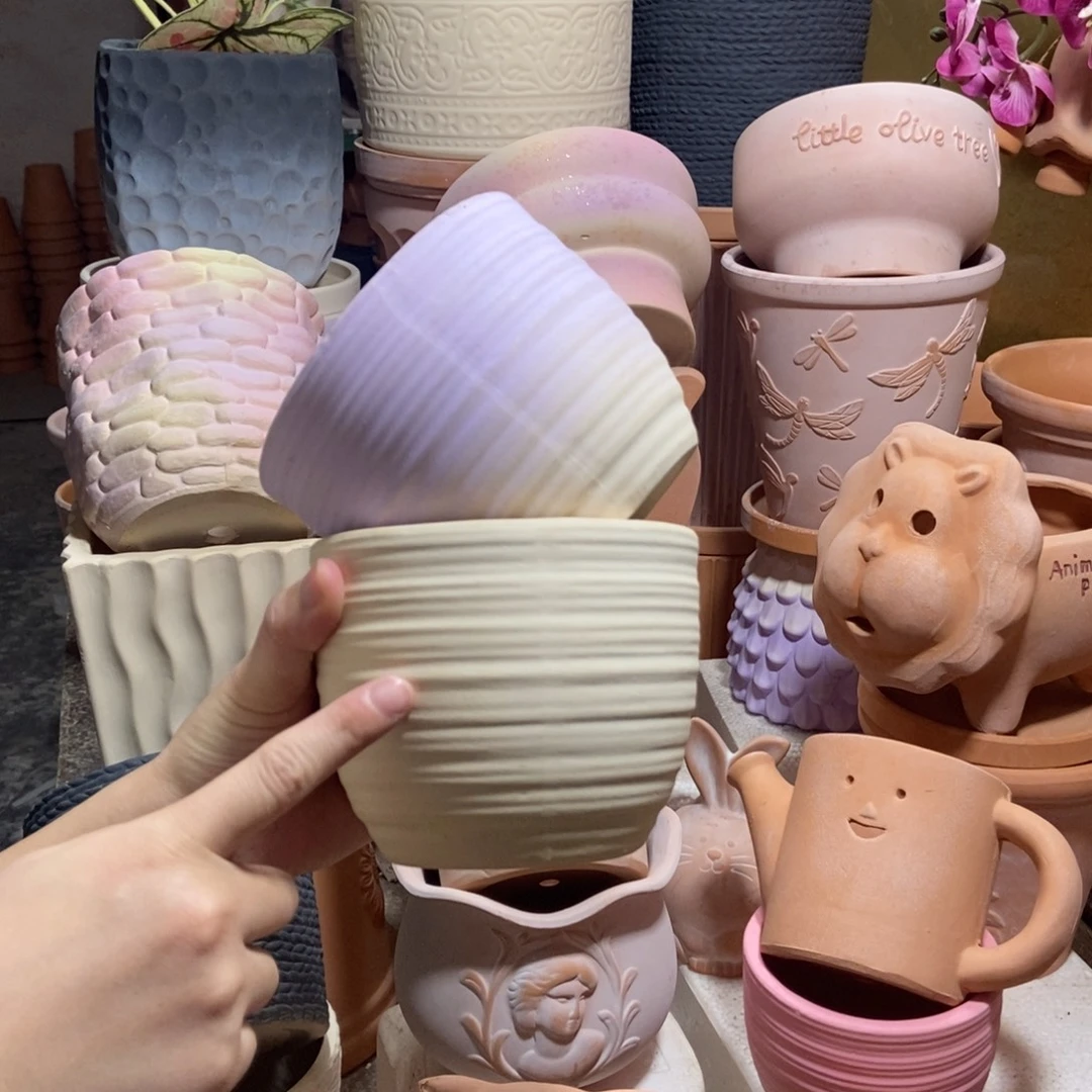 12×10拉丝盆 白+紫 粗陶2个