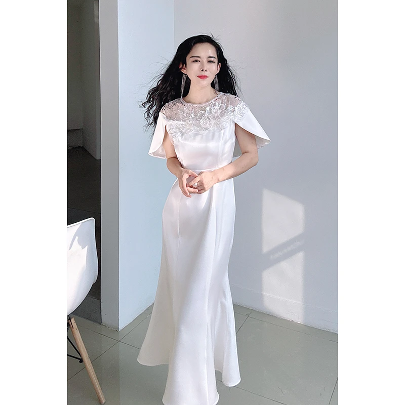 圆领长裙中腰礼服晚礼服复古白色连衣裙250107