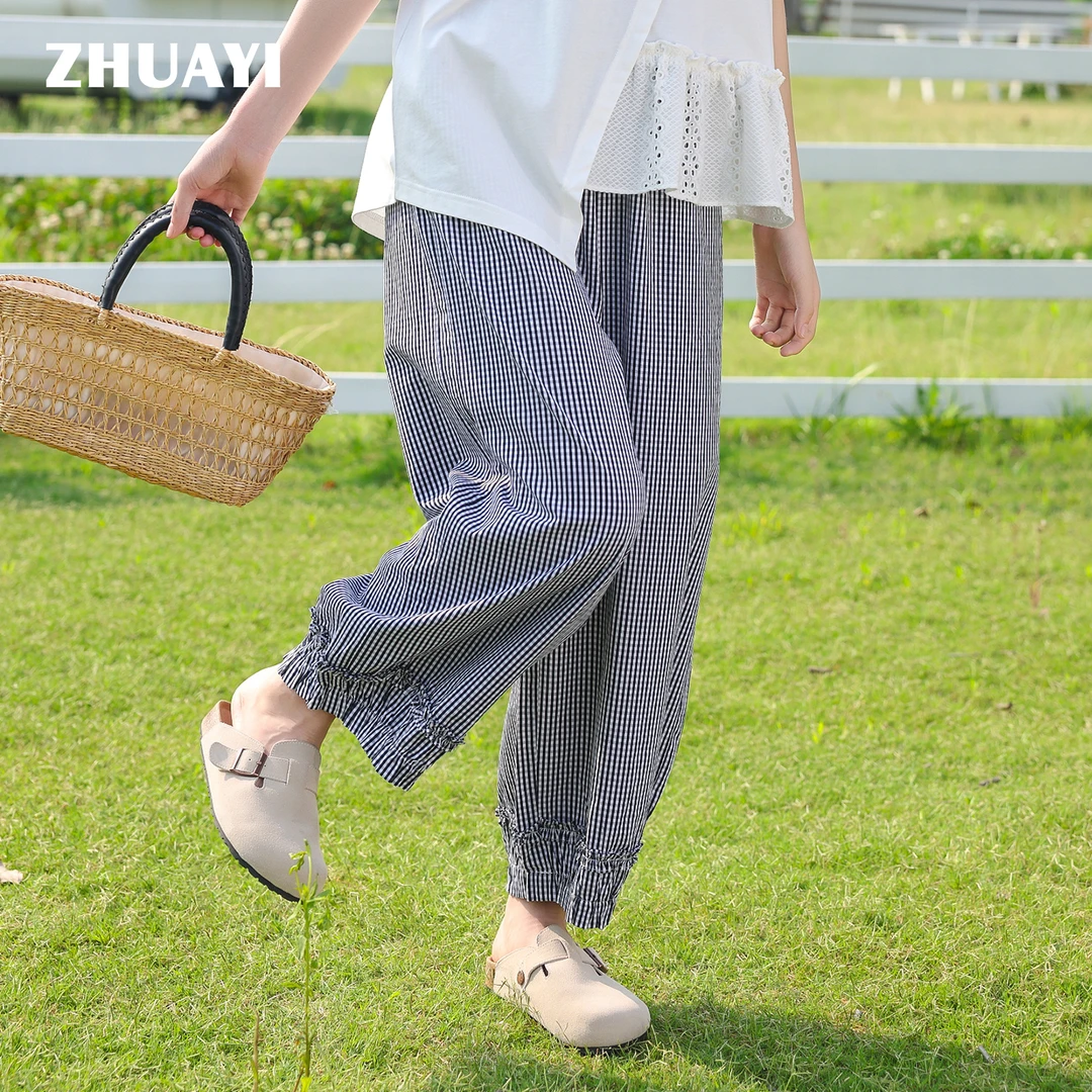 夏季轻薄花边格子九分裤宽松休闲裤学生裤子（25209399）3