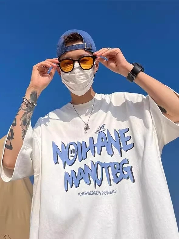 美式街头圆领纯棉短袖T恤夏季欧美宽松原宿风高街个性印花体恤衫